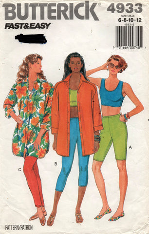 Butterick 4933 Womens Shirt Stretch Crop Top Shorts & Leggings 1990s Vintage Sewing Pattern Size 6 - 12