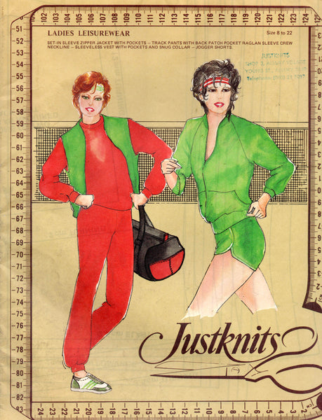 Justknits Womens Leisurewear Tracksuit Jogging Suit & Shorts 1980s Vintage Sewing Pattern Sizes 8 - 22 UNCUT Factory Folded