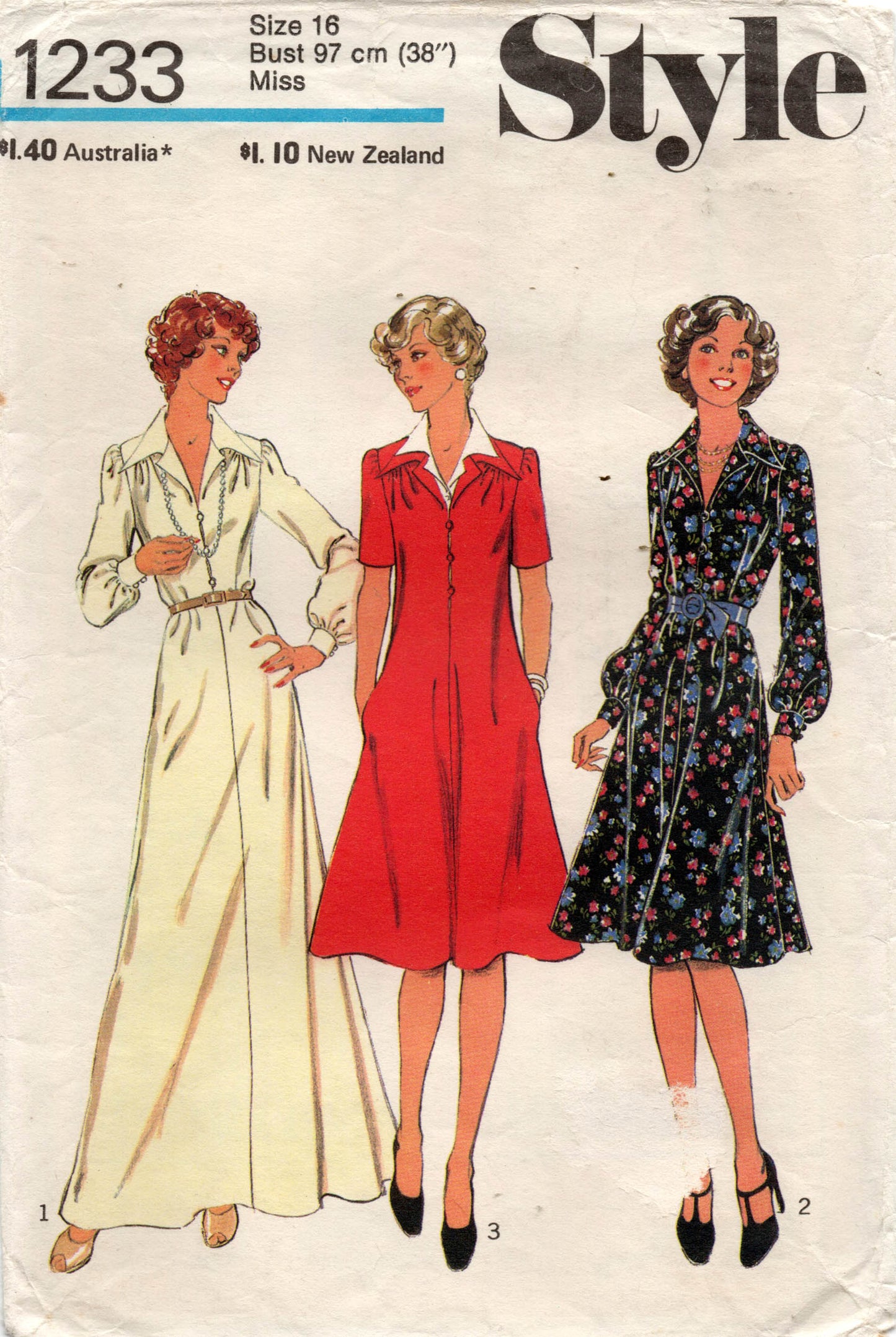 Style 1233 Womens Wide Collared Shirtdress / Maxi Dress with Pockets 1970s Vintage Sewing Pattern Size 12, 14 or 16