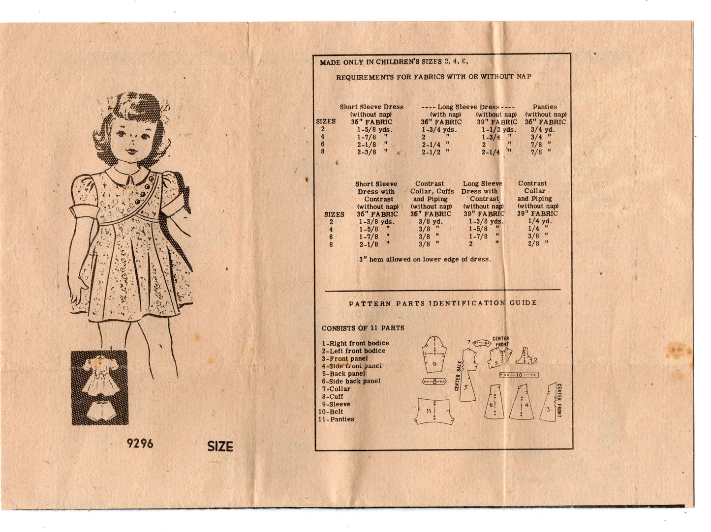 Mail Order 9296 Toddler Girls Party Dress & Panties 1950s Vintage Sewing Pattern Size 2