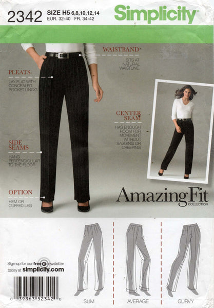 Simplicity 2342 Womens AMAZING FIT Pleat Waist Pants for Slim Average & Curvy Fit Out Of Print Sewing Pattern Size 6 - 14 UNCUT Factory Folded