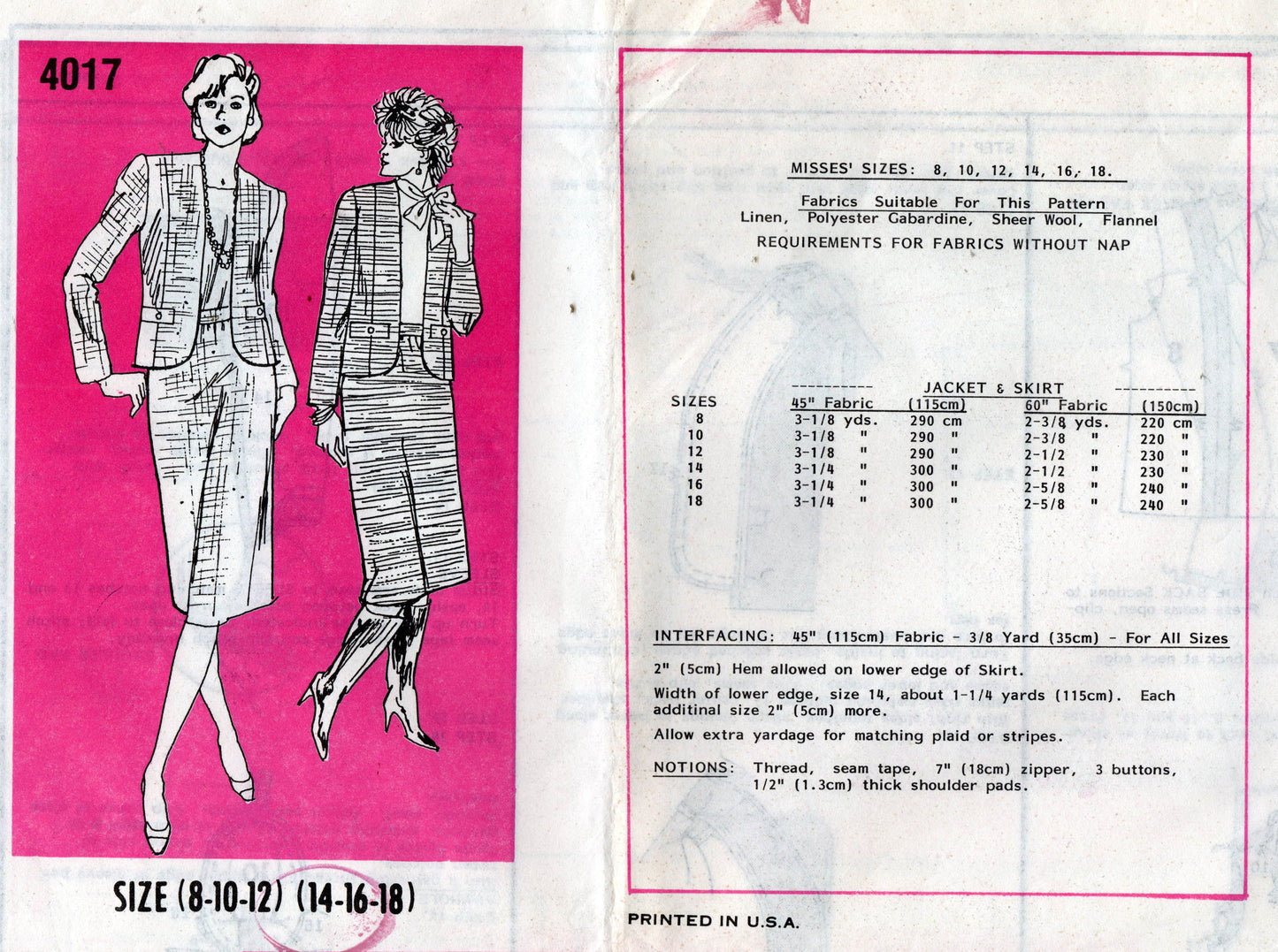 Mail Order 4017 Womens Collarless Jacket & Skirt 1970s Vintage Sewing Pattern Size 14 - 18 UNCUT Factory Folded