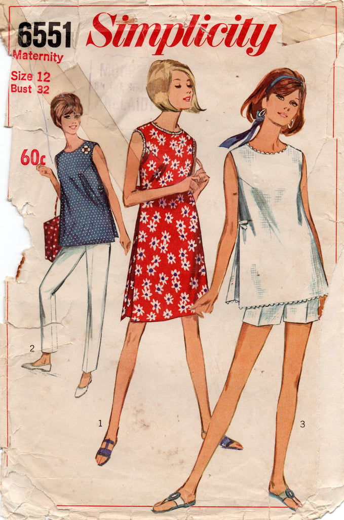 Simplicity 6551 Womens Retro Maternity Dress Tunic Pants & Shorts 1960