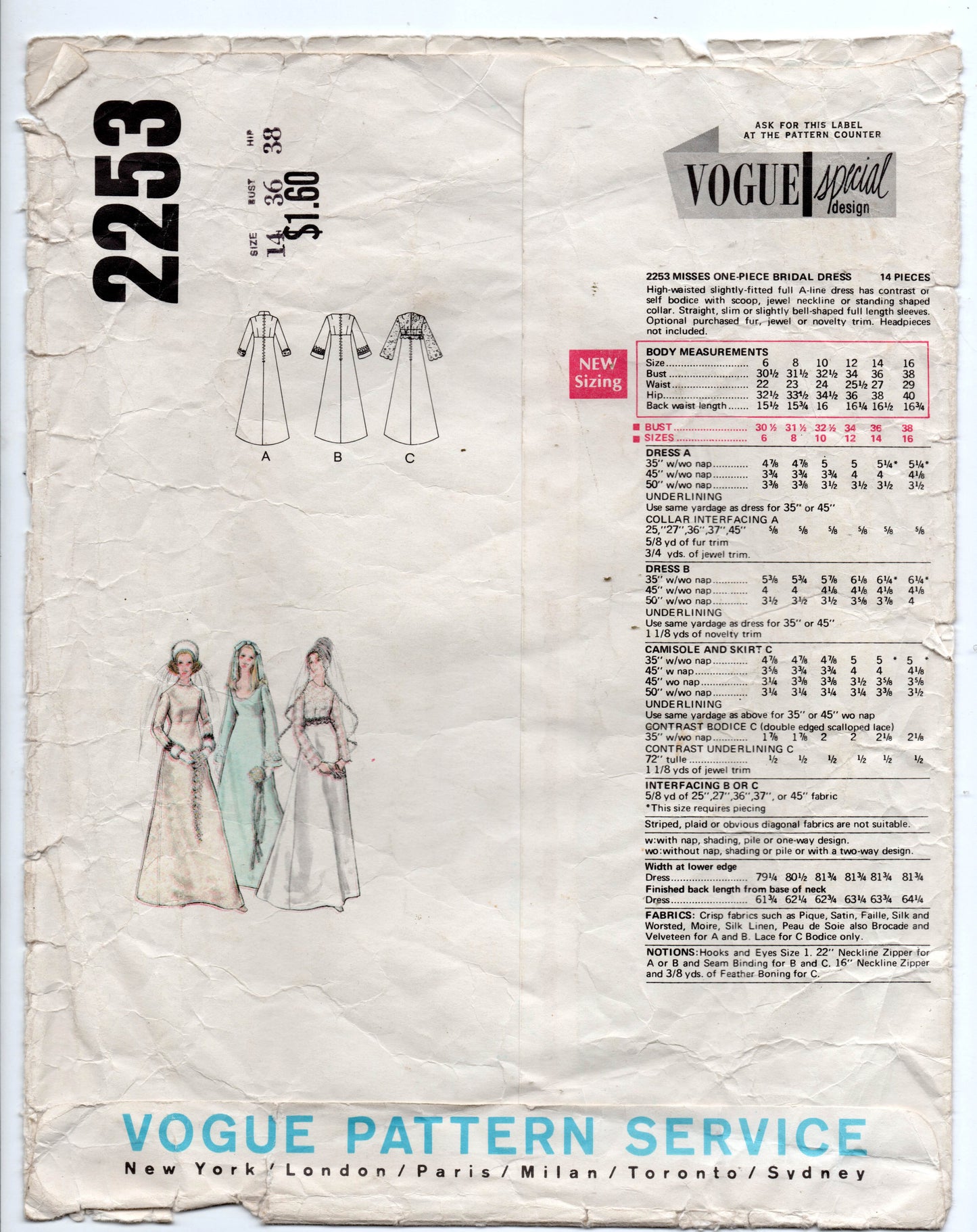 Vogue Special Bridal Design 2253 Womens High Waisted Bell Sleeved Wedding Dress 1970s Vintage Sewing Pattern Size 14 Bust 36 inches