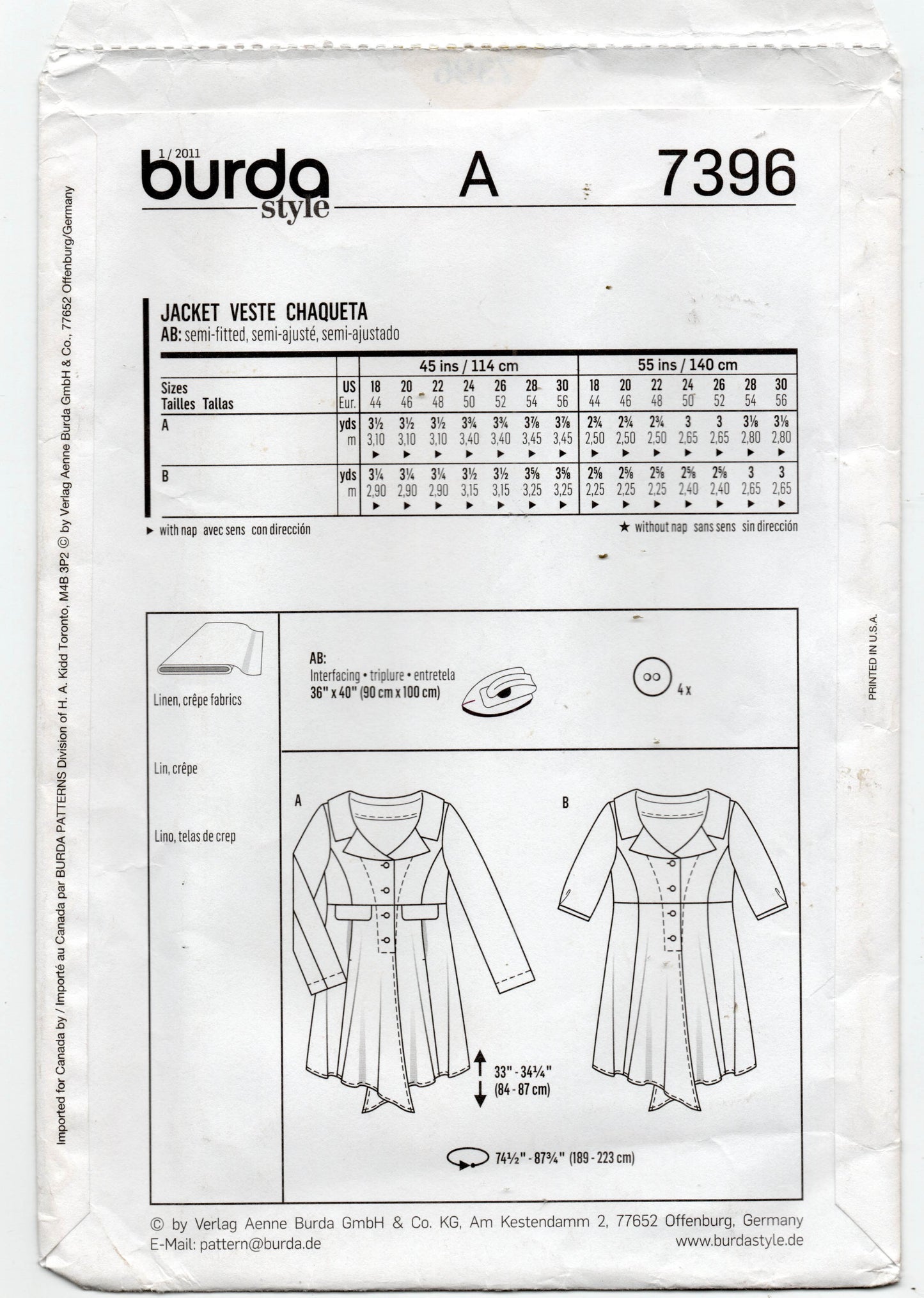 Burda Style 7396 PLUS Size Womens Pointed Hem Summer Jacket 1990s Out Of Print Sewing Pattern Sizes 18 - 30 UNCUT Factory Folded
