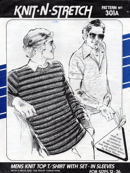 Knit N Stretch 301A Mens Pullover Shirts & Sweaters 1980s Vintage Sewing Pattern Chest 34 - 48 Inches UNCUT Factory Folded