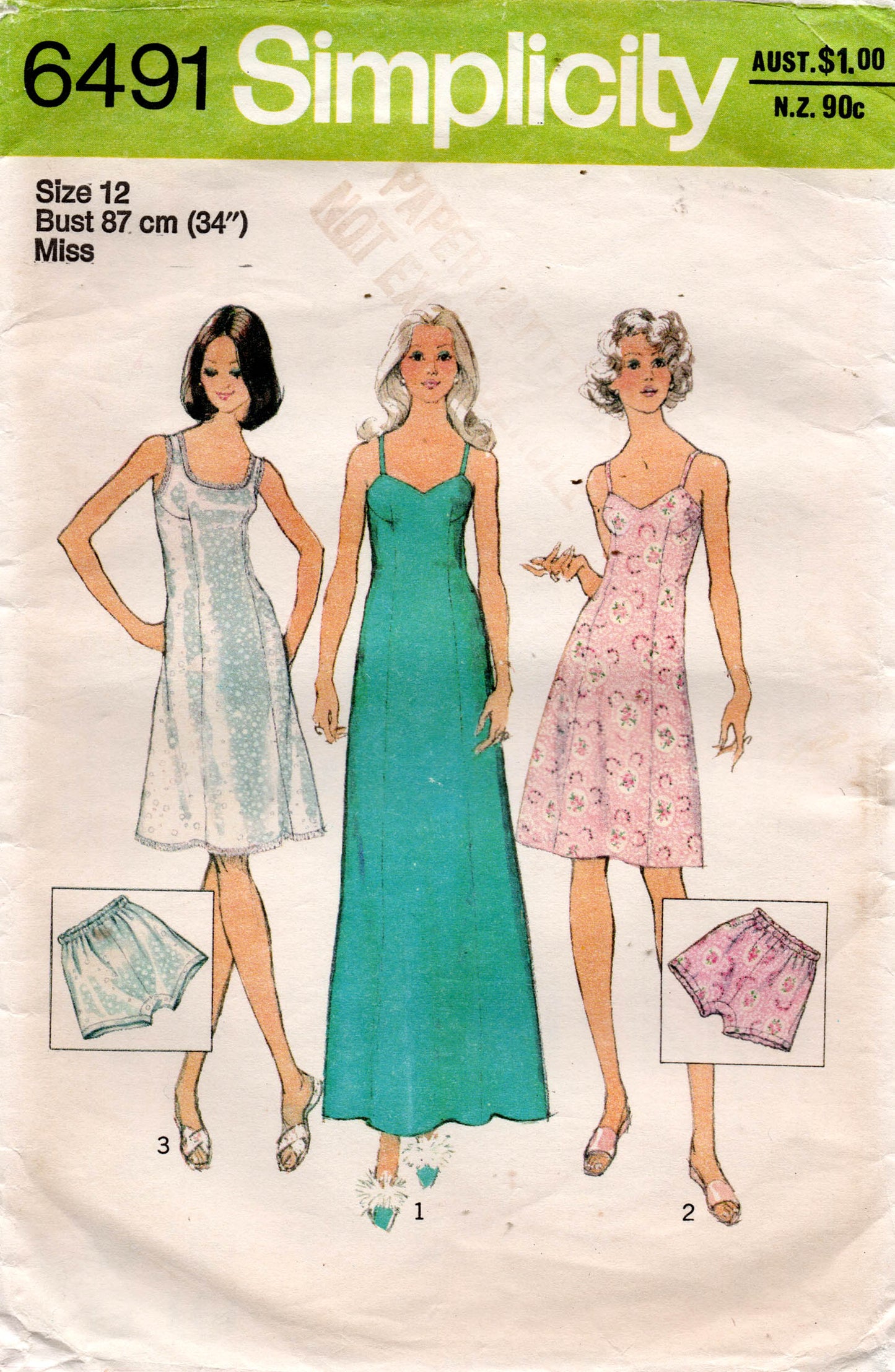 Simplicity 6491 Womens Slip & Panties 1970s Vintage Sewing Pattern Size 12 Bust 34 inches