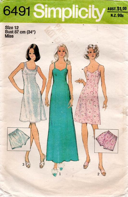 Patrón de costura vintage de los años 70 para bragas y calzoncillos de mujer Simplicity 6491, talla 12, busto de 34 pulgadas