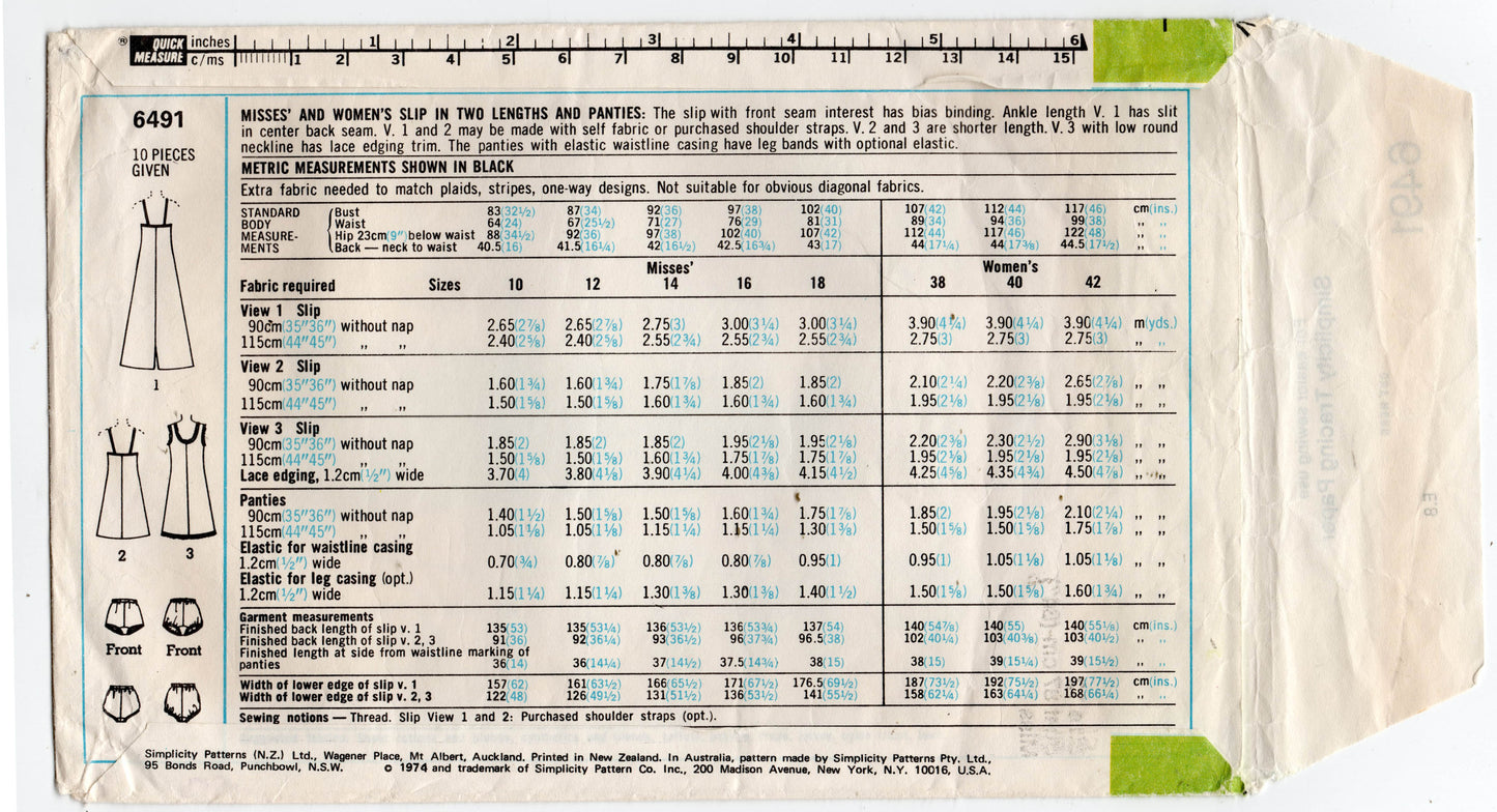 Simplicity 6491 Womens Slip & Panties 1970s Vintage Sewing Pattern Size 12 Bust 34 inches