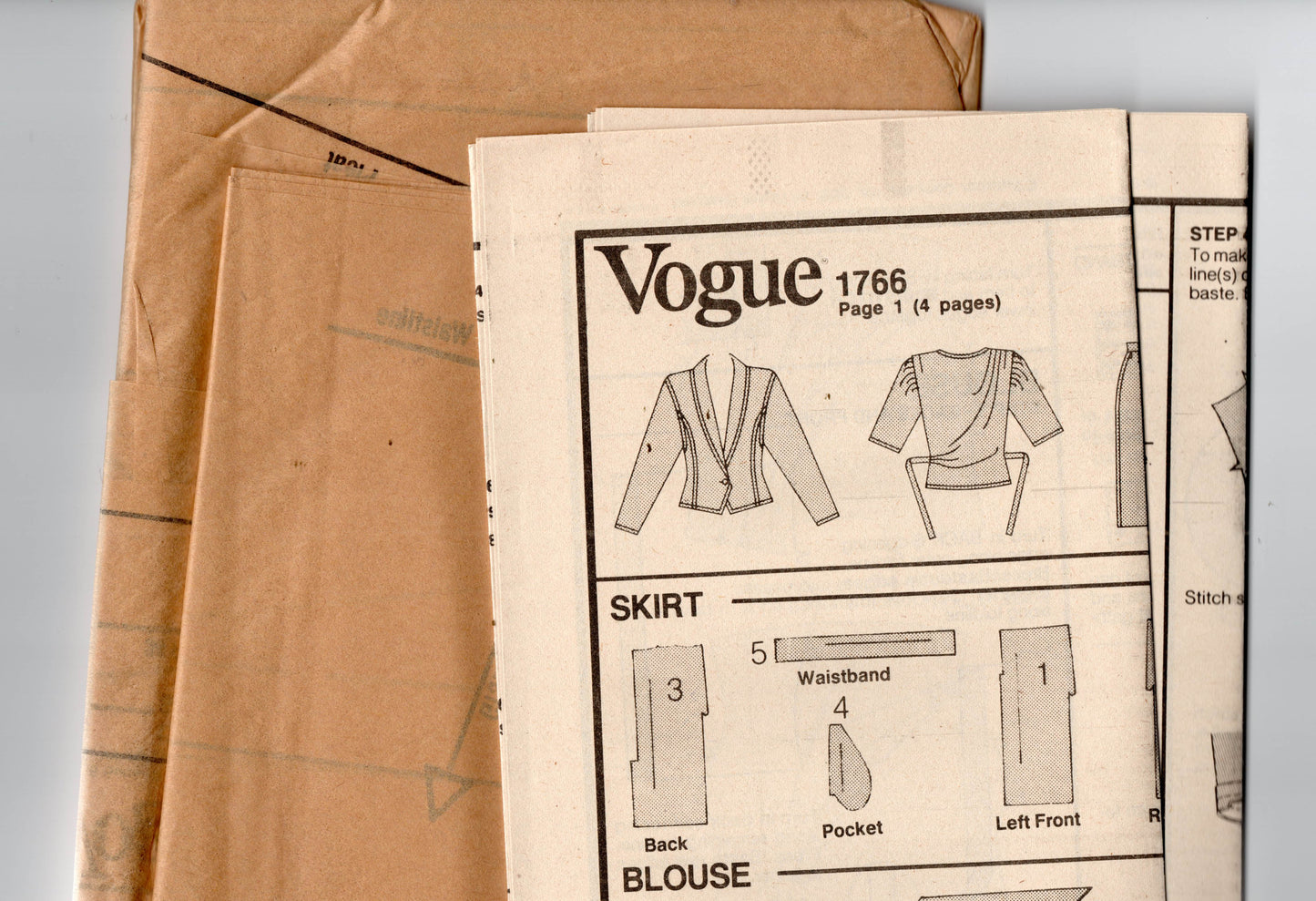 Vogue Paris Original 1766 EMANUEL UNGARO Womens Puff Sleeved Blouse & Skirt Suit 1980s Vintage Sewing Pattern Size 10 UNCUT Factory Folded