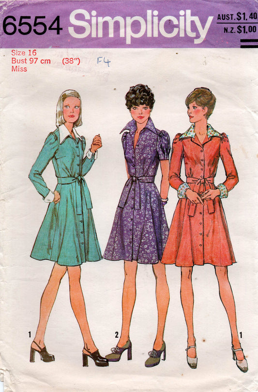 Patrón de costura vintage de los años 70 para vestido camisero con mangas abullonadas para mujer Simplicity 6554, talla 16, busto 38 pulgadas