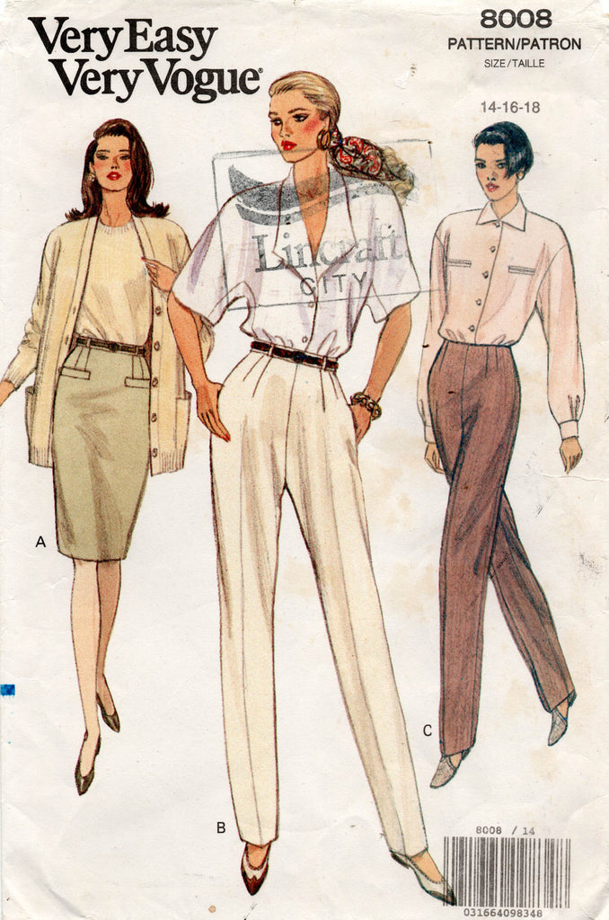 Very Easy Vogue 8008 Womens Tapered Pants & Pencil Skirt 1990s Vintage
