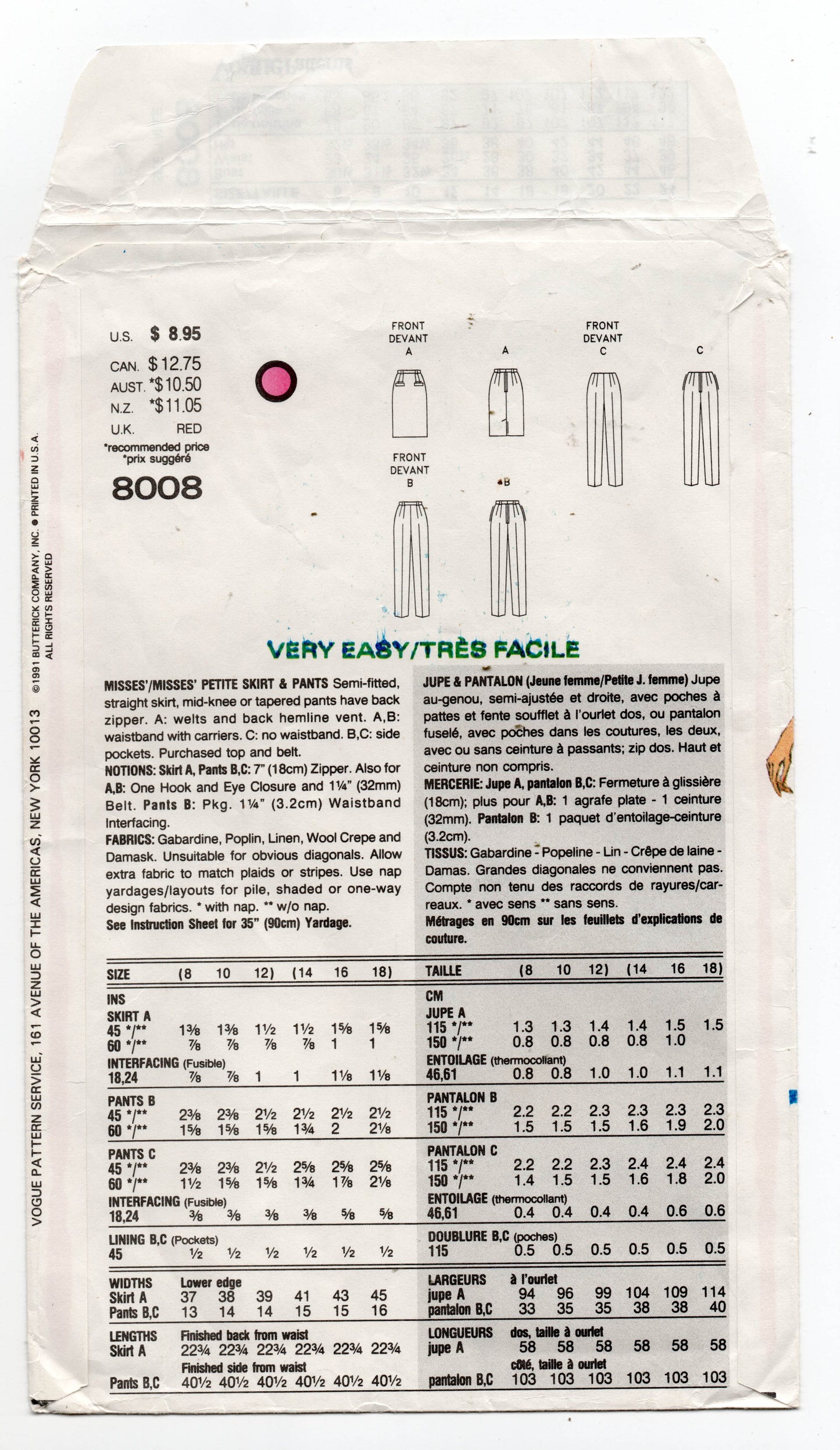 Very Easy Vogue 8008 Womens Tapered Pants & Pencil Skirt 1990s Vintage Sewing Pattern Size 14 & 16