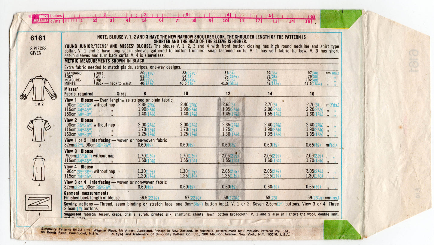Simplicity 6161 Womens Shirt with Wide Collar & Cuffs 1970s Vintage Sewing Pattern Size 12 or 13/14 Bust 33.5 or 34 inches