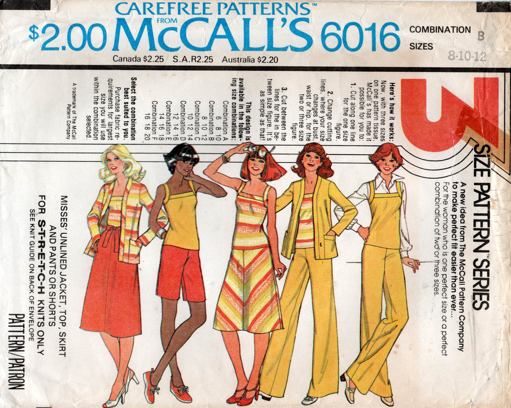 McCall's 6016 Womens Stretch Knit Jacket Top Skirt Shorts & Pants 1970