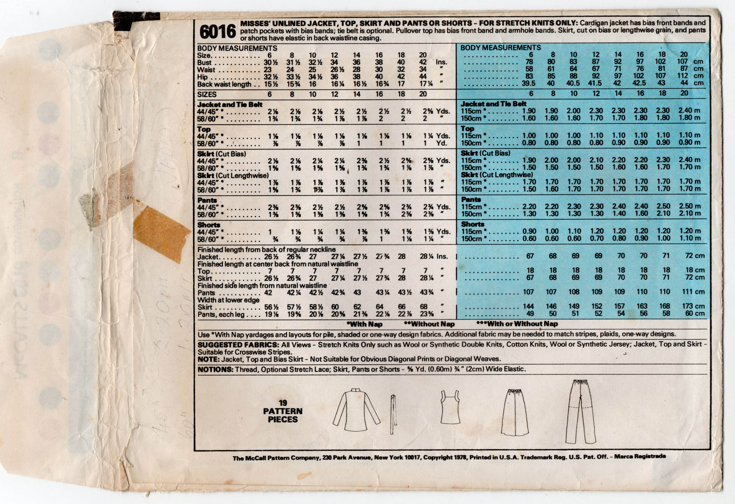 McCall's 6016 Womens Stretch Knit Jacket Top Skirt Shorts & Pants 1970s Vintage Sewing Pattern Sizes 8 - 12 UNCUT Factory Folded