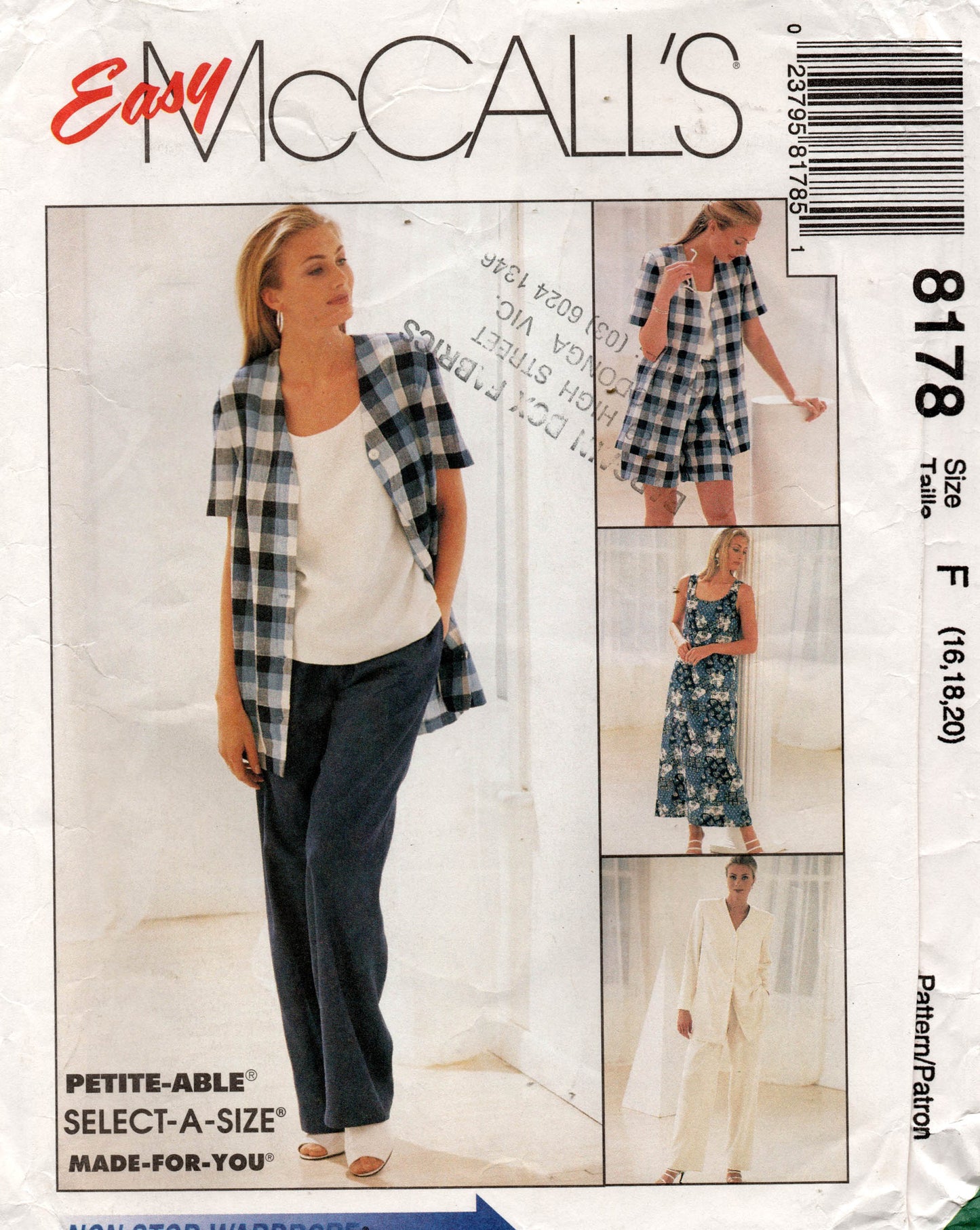 McCall's 8178 Womens Casual Dress Top Jacket Pants & Shorts 1990s Vintage Sewing Pattern Size 12-16 or 14-18 or 16-20 UNCUT Factory Folded