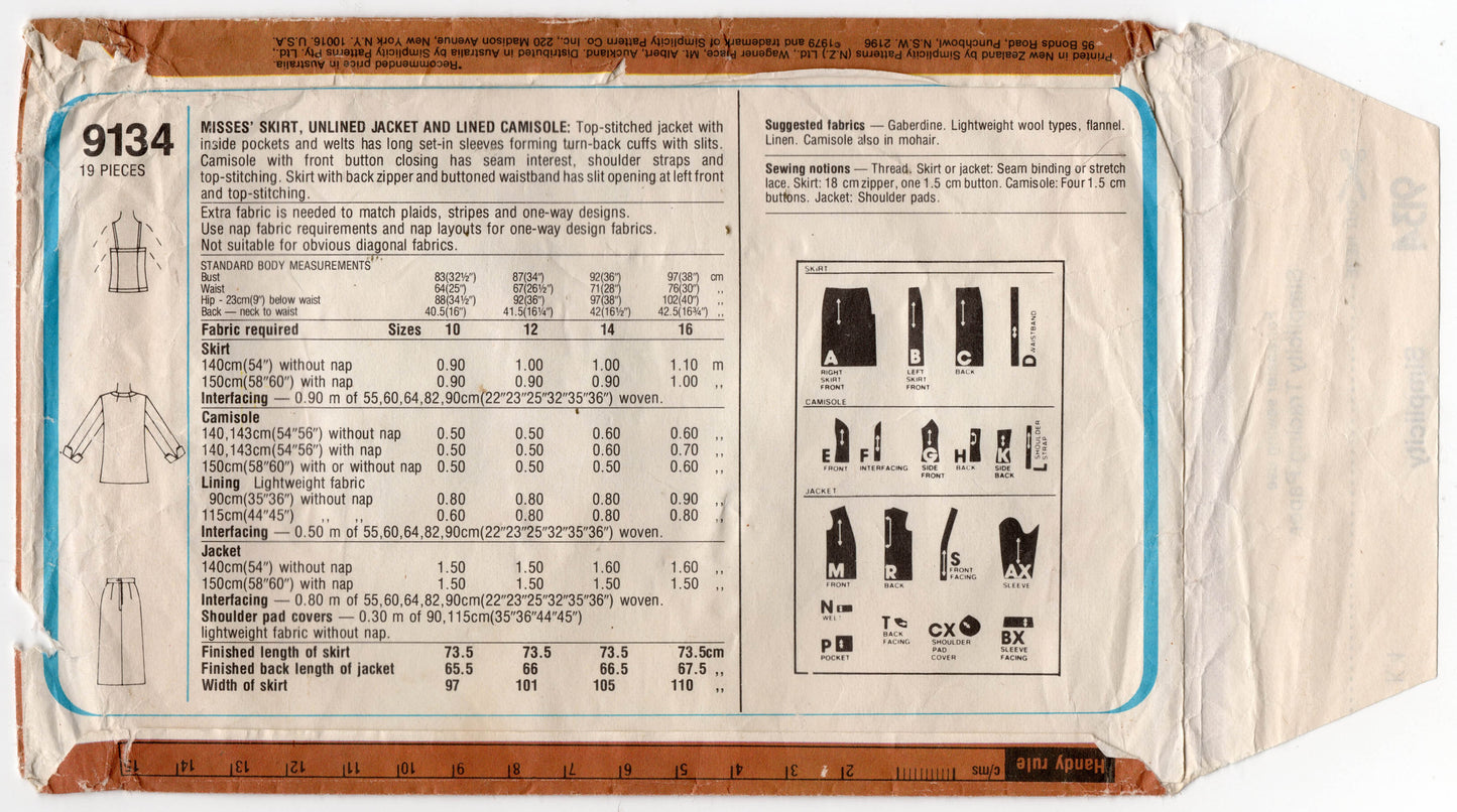 Simplicity 9134 CATHY HARDWICK Womens Skirt Jacket & Camisole 1970s Vintage Sewing Pattern Size 12 Bust 34 inches