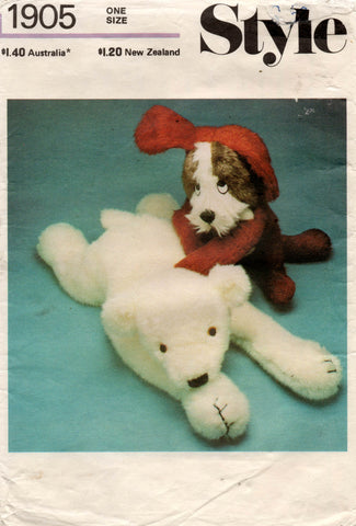 Style 1905 POLAR BEAR & DOG Floppy Stuffed Toys / Pyjama Cases 1970s Vintage Sewing Pattern UNCUT Factory Folded