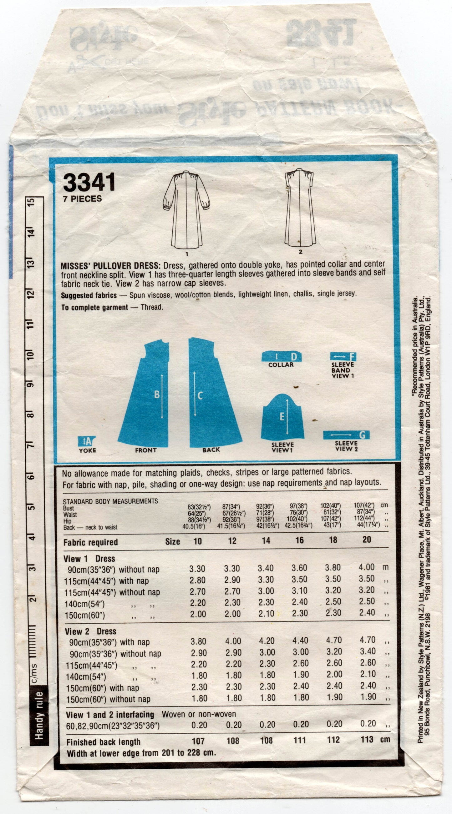 Style 3341 Womens Gathered Shoulder Tent Dress 1980s Vintage Sewing Pattern Size 12 Bust 34 inches