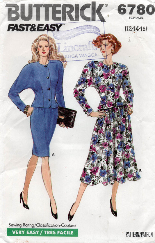 Butterick 6780 Womens Dolman Sleeved Top & Skirt 1980s Vintage Sewing Pattern Size 12 - 16
