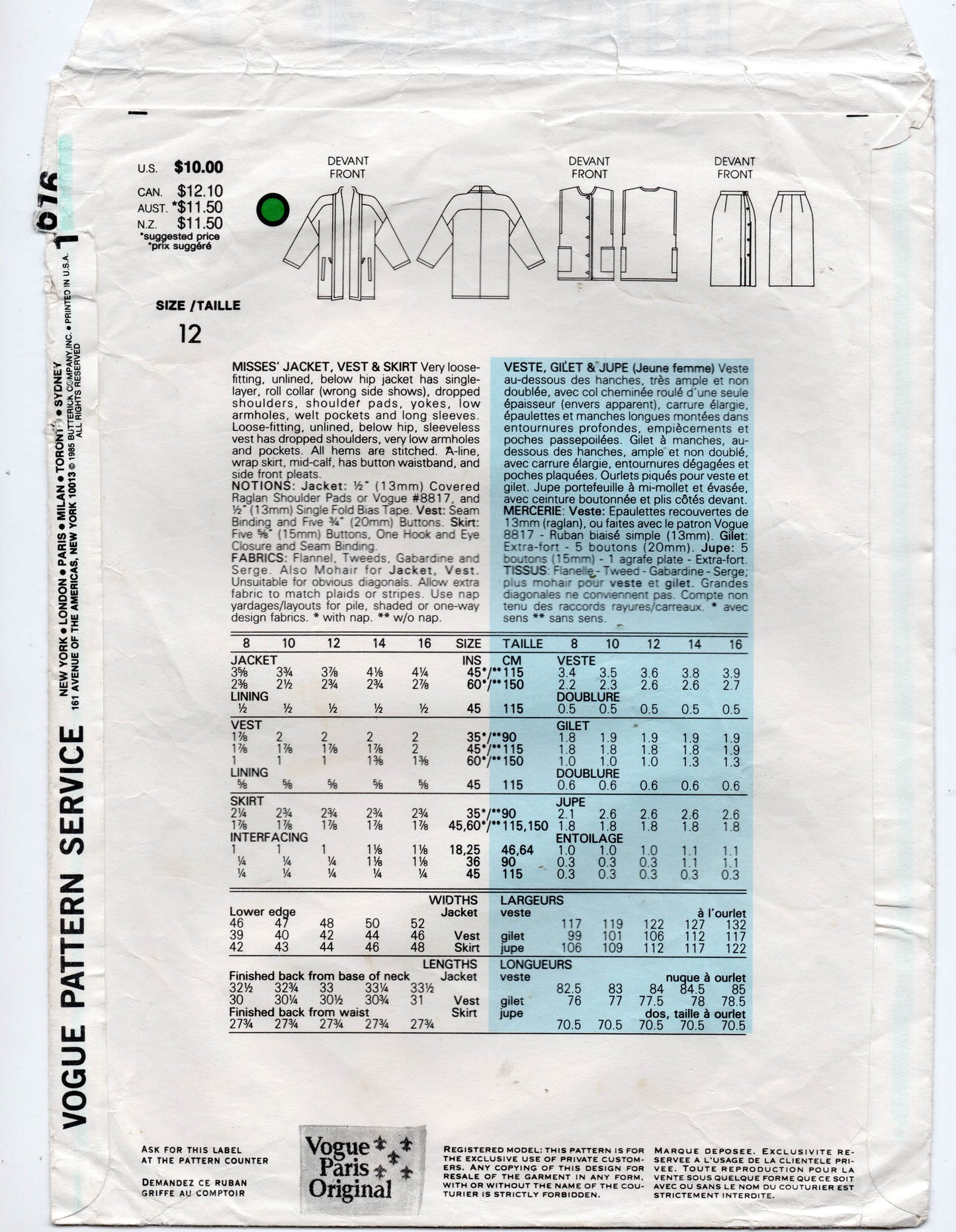 Vogue Paris Original 1616 GUY LAROCHE Womens Jacket Vest & Skirt 1980s Vintage Sewing Pattern Size 12 Bust 34 inches