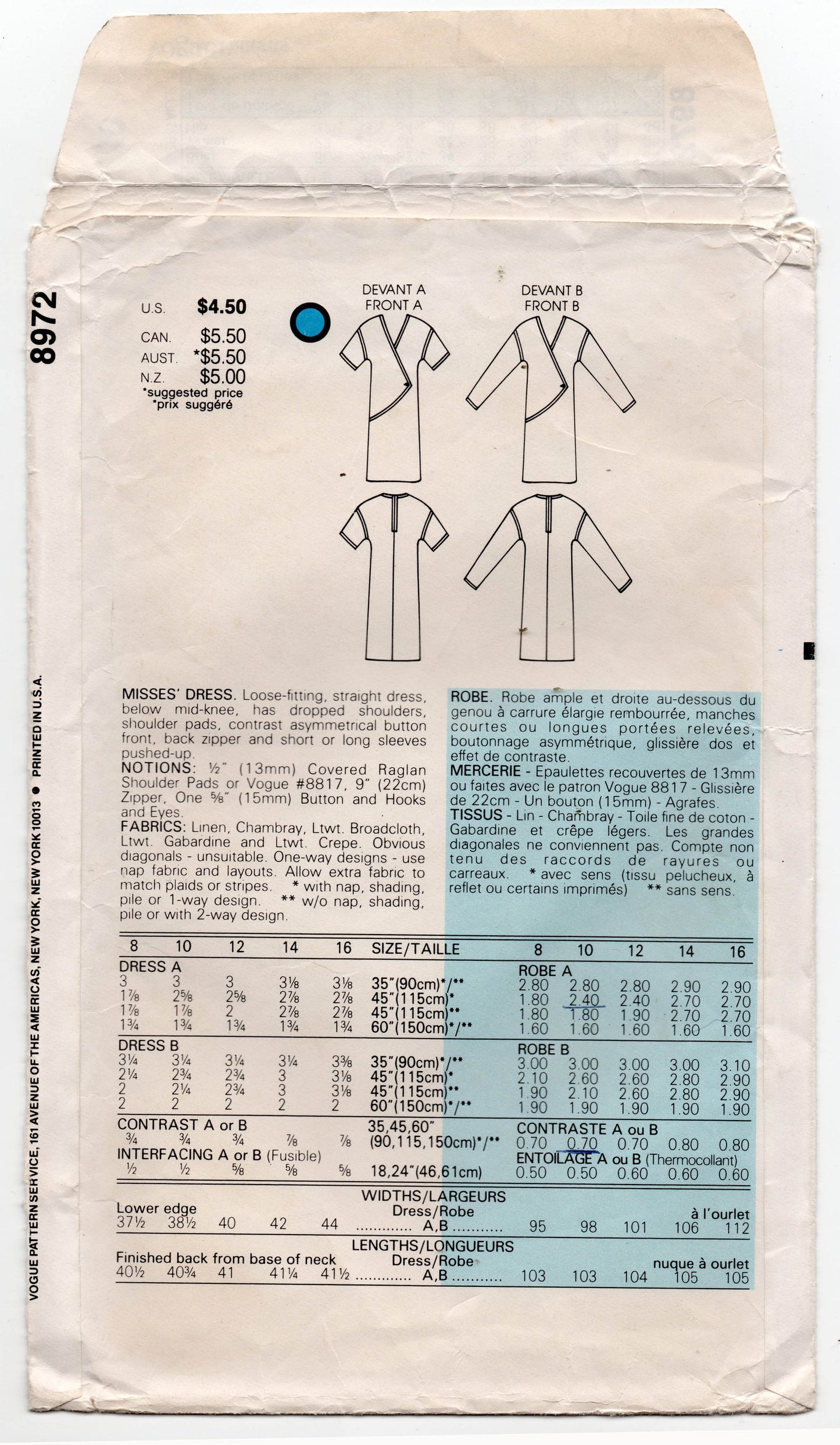 Vogue 8972 Womens Asymmetrical Dress 1980s Vintage Sewing Pattern Size 10 Bust 32.5 inches