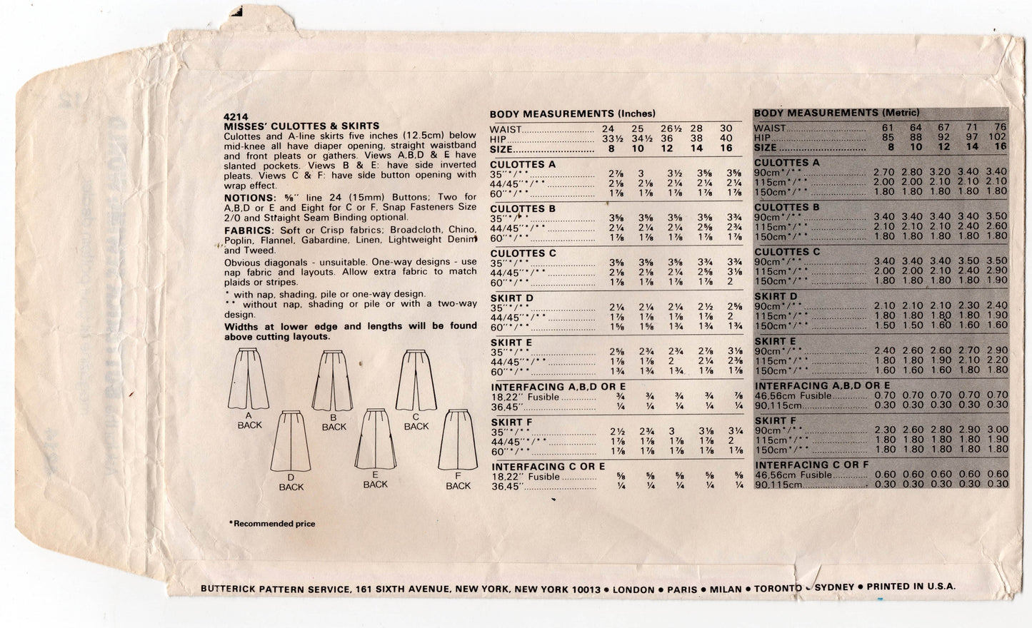 Butterick 4214 Womens Flared Culottes & Skirts 1980s Vintage Sewing Pattern Size 10 or 12