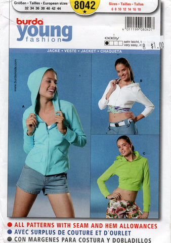 Burda Young 8042 Womens Stretch Zip Front Hoodie Jacket Out Of Print Sewing Pattern Size 6 - 18 UNCUT Factory Folded