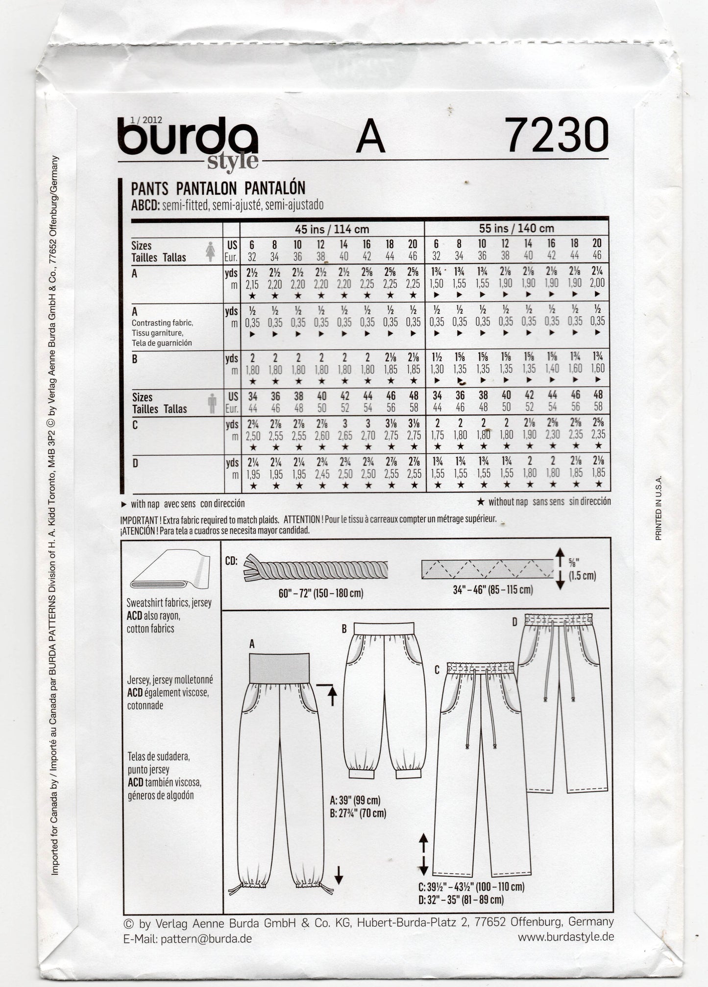 Burda Young 7230 Womens UNISEX Stretch or Woven Pants Sewing Pattern Sizes 8 - 20 UNCUT Factory Folded