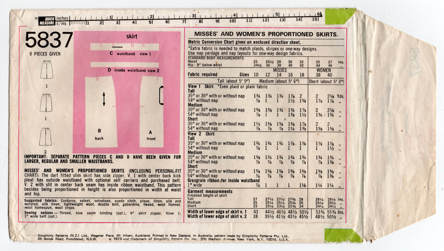 Simplicity 5837 Womens Proportioned Slim Skirts 1970s Vintage Sewing Pattern Waist 28 inches