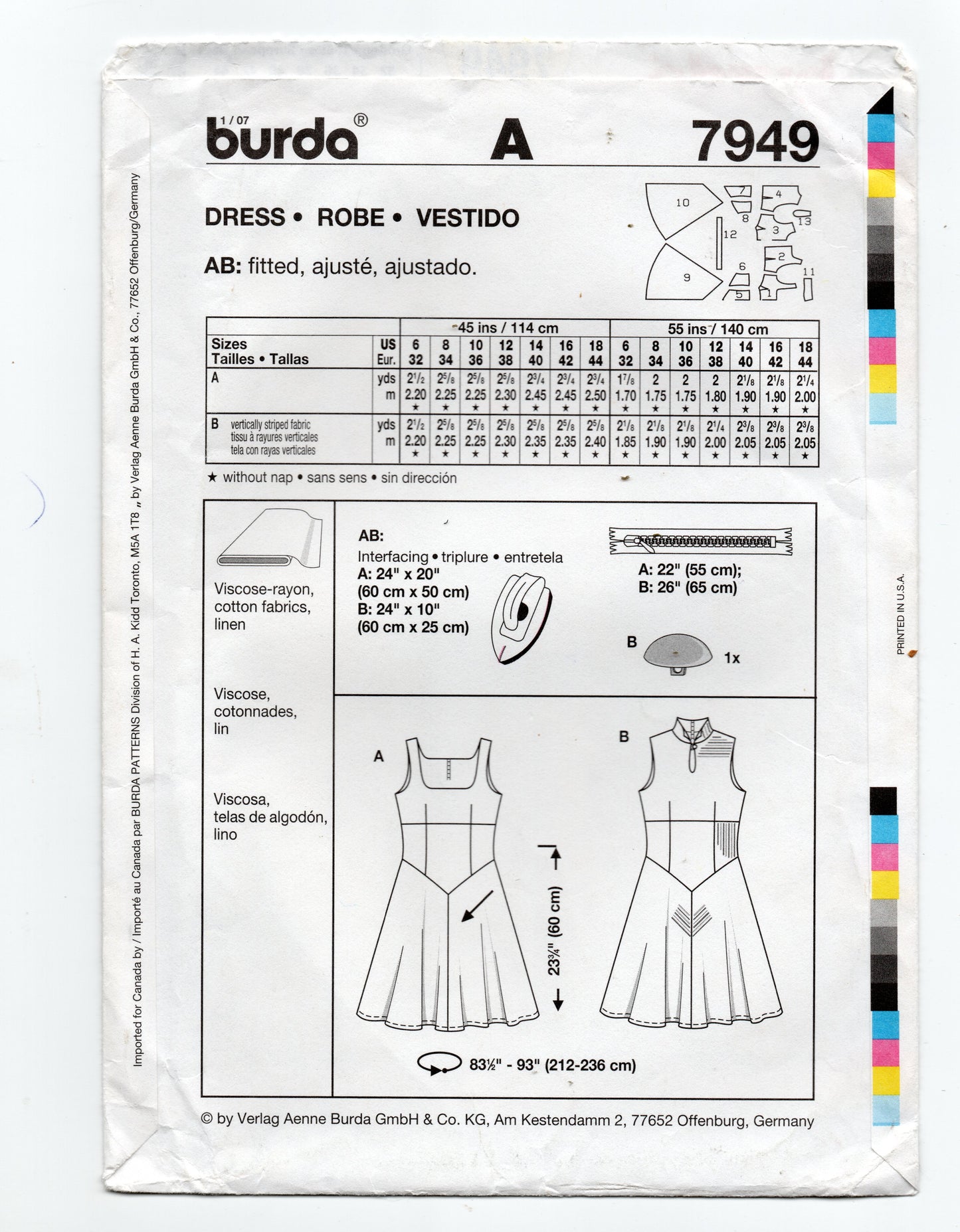 Burda 7949 Womens Sleeveless Fit & Flared Dress Out Of Print Sewing Pattern Sizes 6 - 18 UNCUT Factory Folded