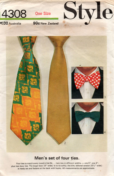 Style 4308 Mens RETRO Set Of Wide Neckties & Bow Tie 1970s Vintage Sewing Pattern ONE SIZE