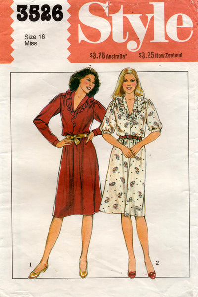 Style 3526 Womens Dress with Ruffled Neckline 1980s Vintage Sewing Pattern Size 16 Bust 38 inches