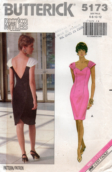 Butterick 5173 Womens Morton Myles Low Back Wrapped Evening Sheath Dress 1990s Vintage Sewing Pattern Size 6 - 12 UNCUT Factory Folded