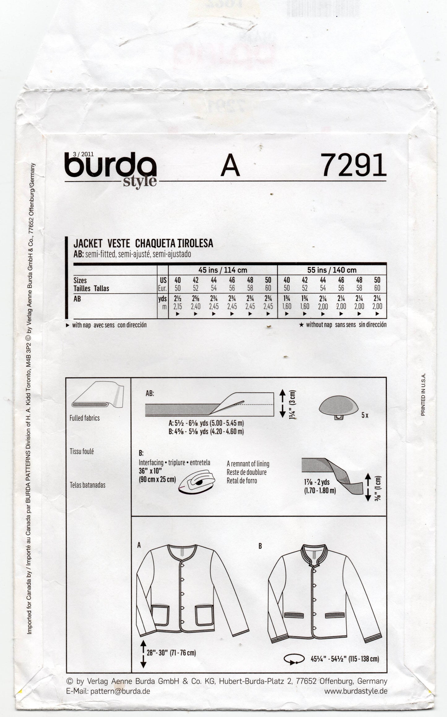 Burda Style 7291 Mens Contrast Edged Cardigan Style Jacket Out Of Print Sewing Pattern Size 40 - 50 UNCUT Factory Folded