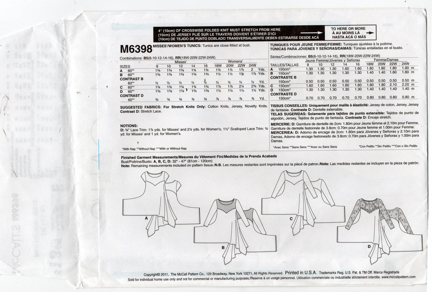 McCall's M6398 Womens Stretch Side Draped Tops Out Of Print Sewing Pattern Size 18 - 24 UNCUT Factory Folded