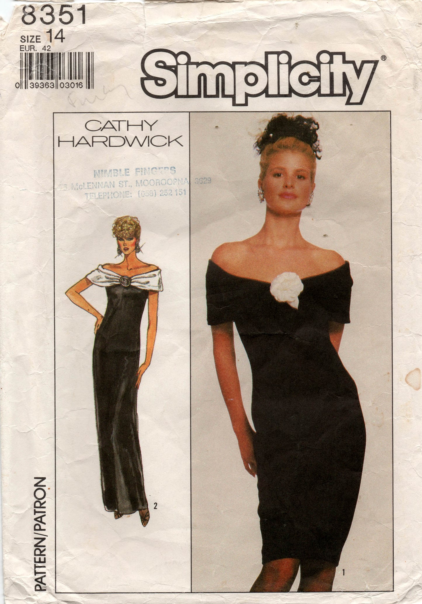 Simplicity 8351 CATHY HARDWICK Womens Off The Shoulder Evening Dress 1980s Vintage Sewing Pattern Size 14 Bust 36 inches