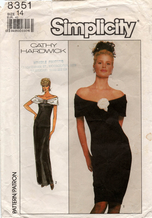 Patrón de costura vintage de los años 80 para vestido de noche con hombros descubiertos de CATHY HARDWICK Simplicity 8351, talla 14, busto 36 pulgadas