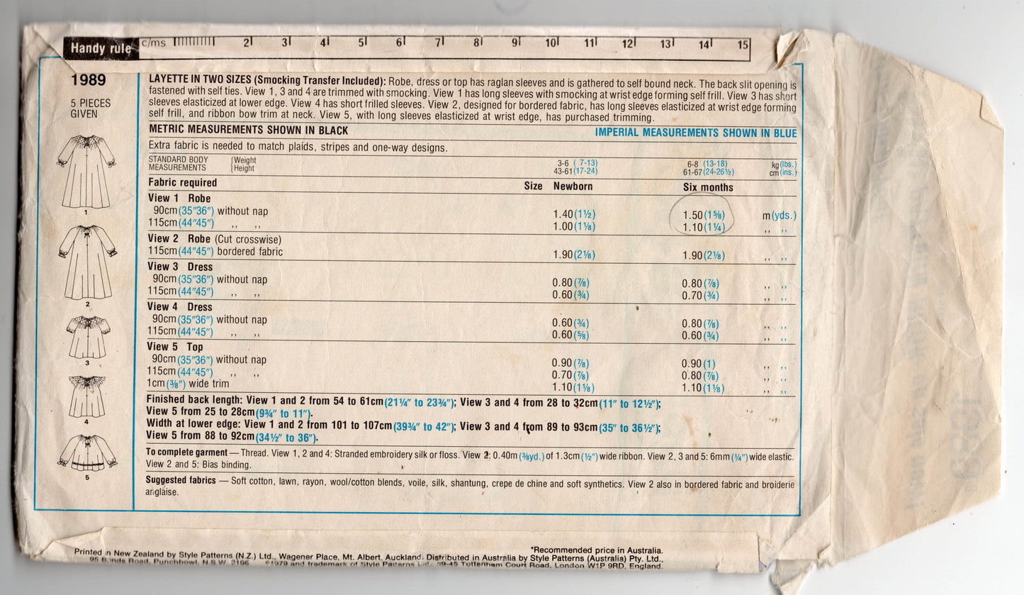 Style 1989 Baby Layette with Smocking Trim 1970s Vintage Sewing Pattern Size Newborn or 6 Months