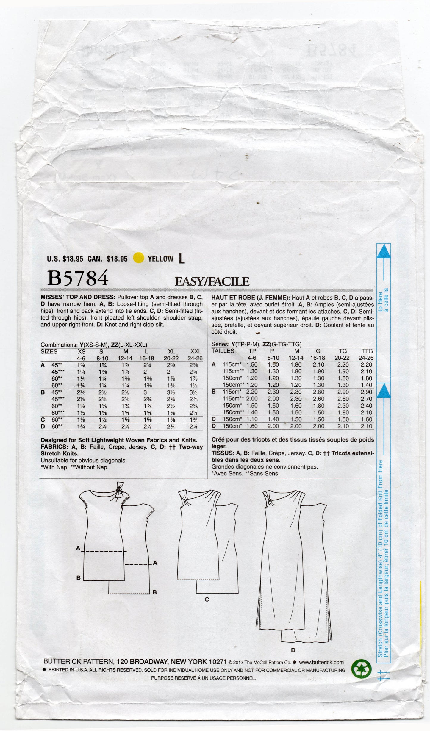 Butterick B5784 Womens Asymmetric Tunic Top & Dress Out Of Print Sewing Pattern Size XS - M UNCUT Factory Folded