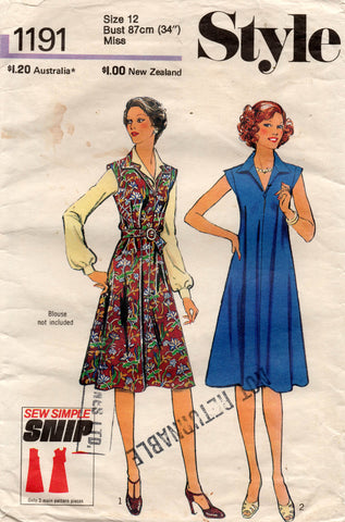 Style 1191 Womens EASY Cap Sleeved Tent Dress 1970s Vintage Sewing Pattern Size 12 Bust 34 inches