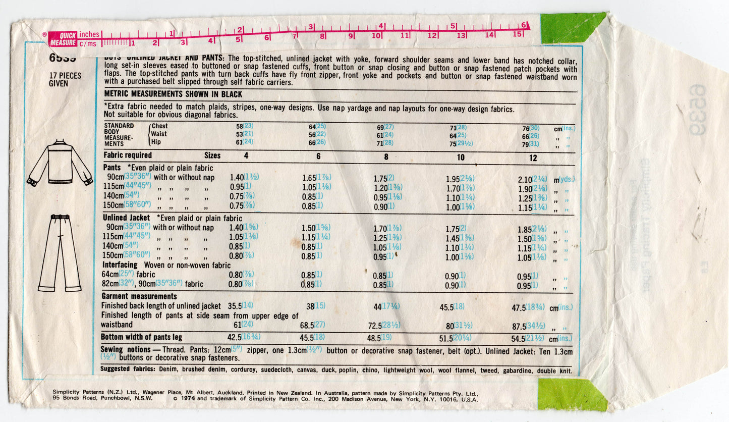 Simplicity 6539 Boys Denim Bomber Jacket & Jeans 1970s Vintage Sewing Pattern Size 6