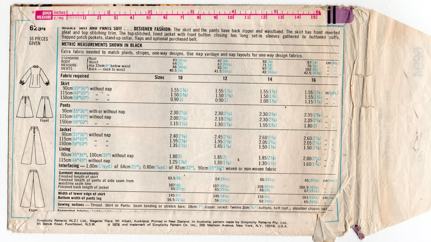 Simplicity 6294 Womens Retro Safari Jacket Skirt & Pants 1970s Vintage Sewing Pattern Size 10 Bust 32.5 inches