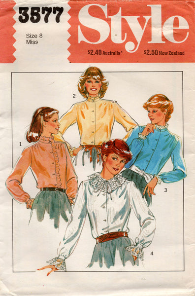Style 3577 Womens Romantic Ruffled Blouses 1980s Vintage Sewing Pattern Size 8