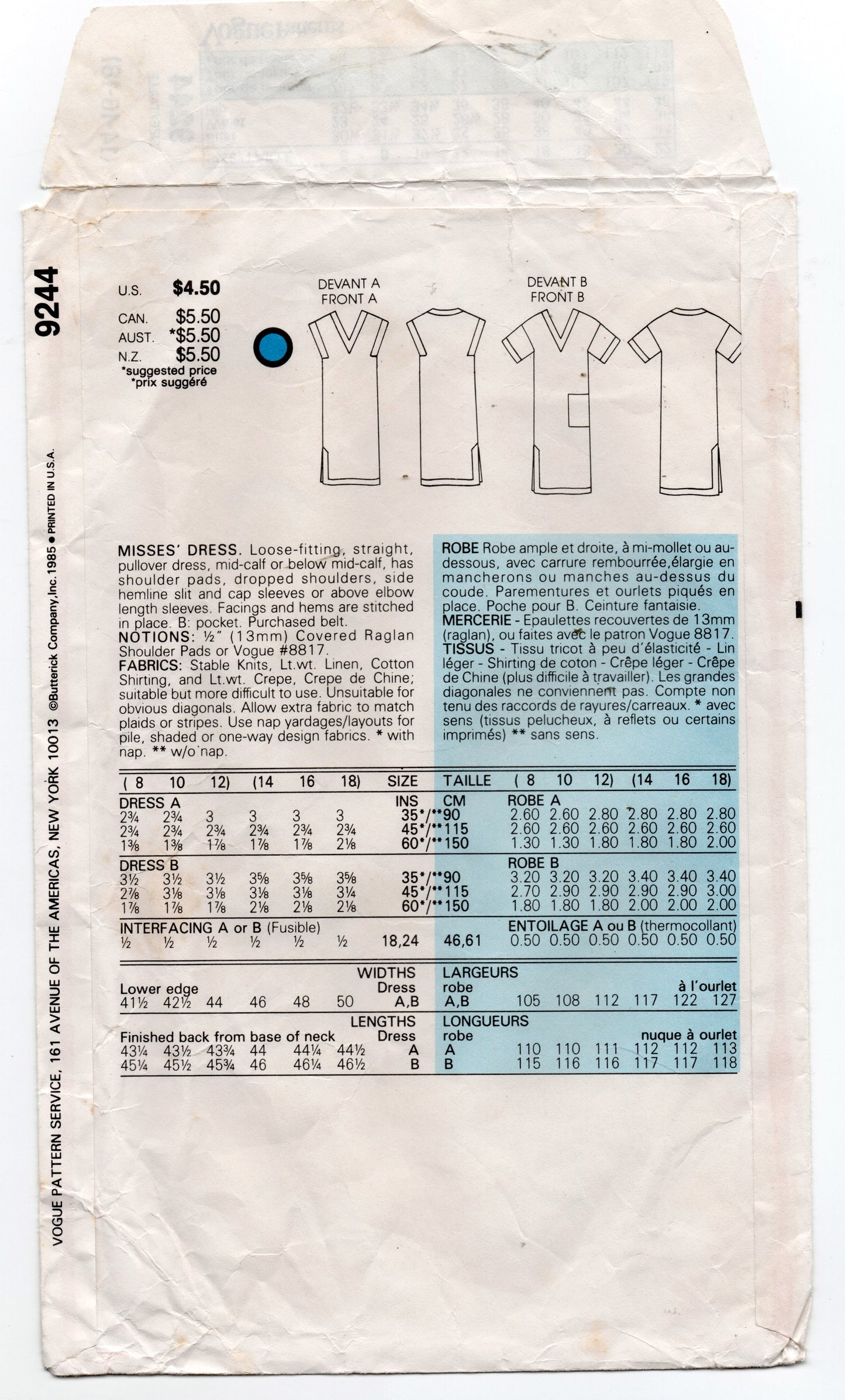 Very Easy Vogue 9244 Womens Pullover Dress 1980s Vintage Sewing Pattern Size 14 Bust 36 inches