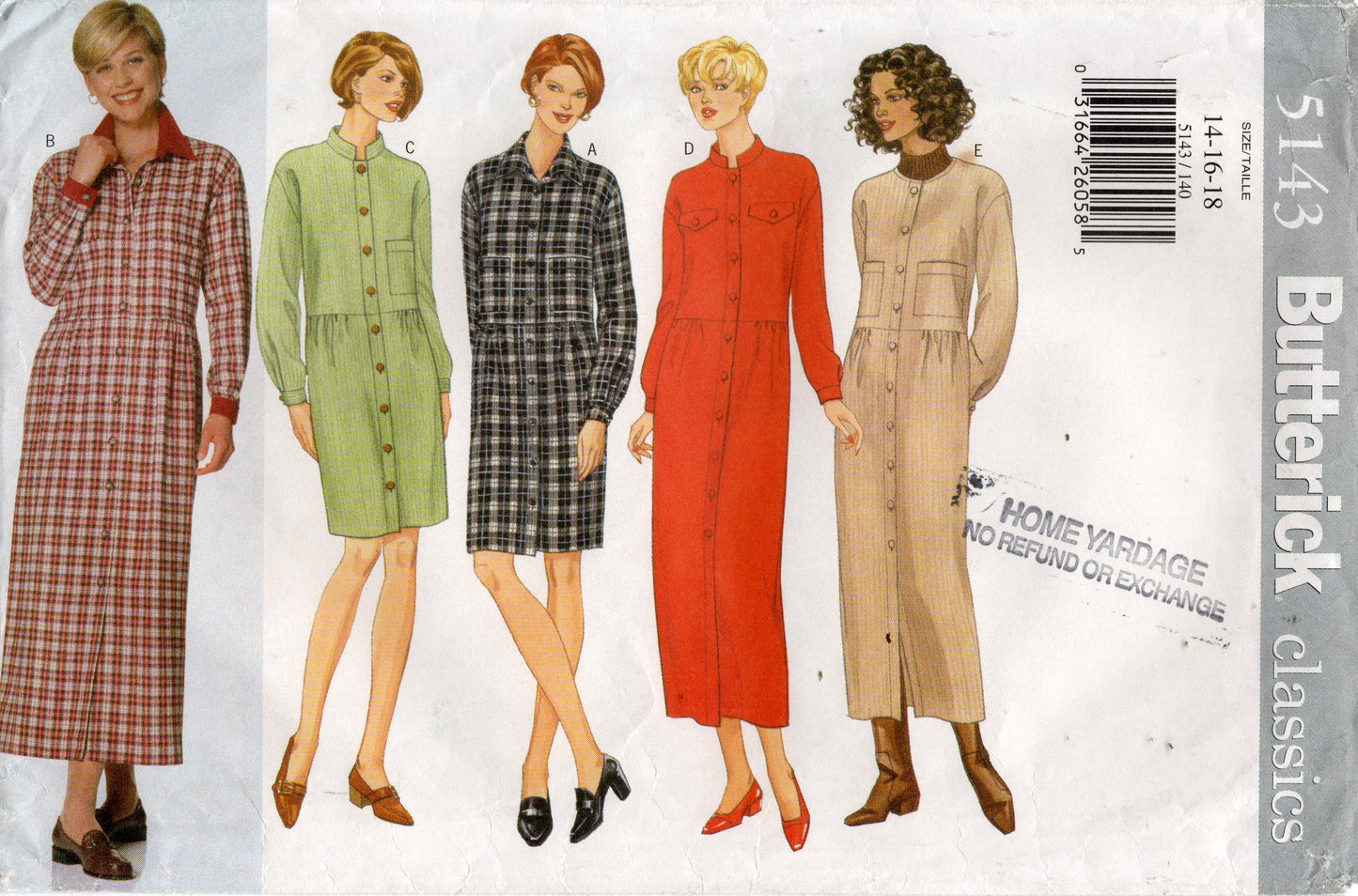 Butterick 5143 Womens Dropped Waist Shirtdress 1990s Vintage Sewing Pattern Size 14 - 18 UNCUT Factory Folded