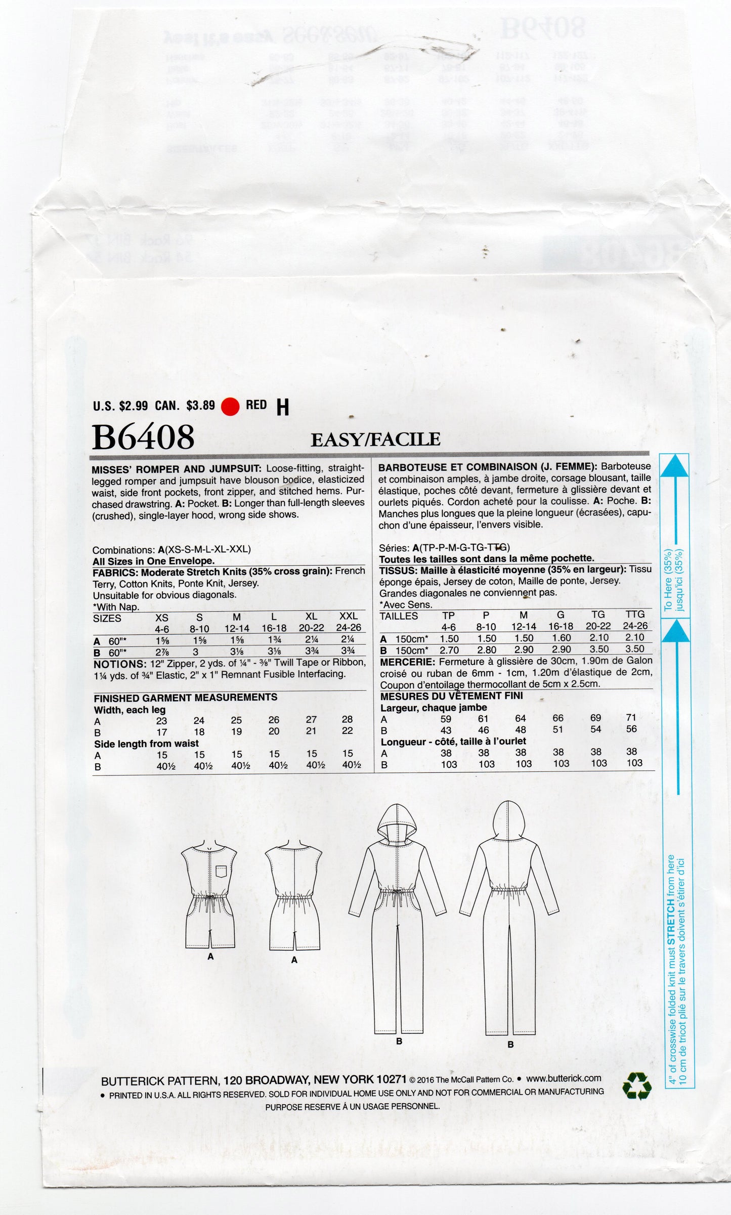 Patrón de costura agotado para mono elástico con cremallera delantera, largo o corto, Butterick See &amp; Sew B6408 para mujer, talla XS a XXL, sin cortar, doblado de fábrica