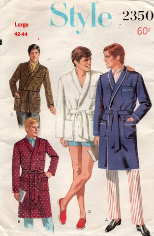 Style 2350 Mens Shawl Collar Robe 1960s Vintage Sewing Pattern Size Large Chest 42 - 44 inches
