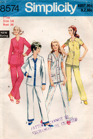 Simplicity 8574 Womens Pajamas with Contrast Bands 1970s Vintage Sewing Pattern Size 14 Bust 36 inches